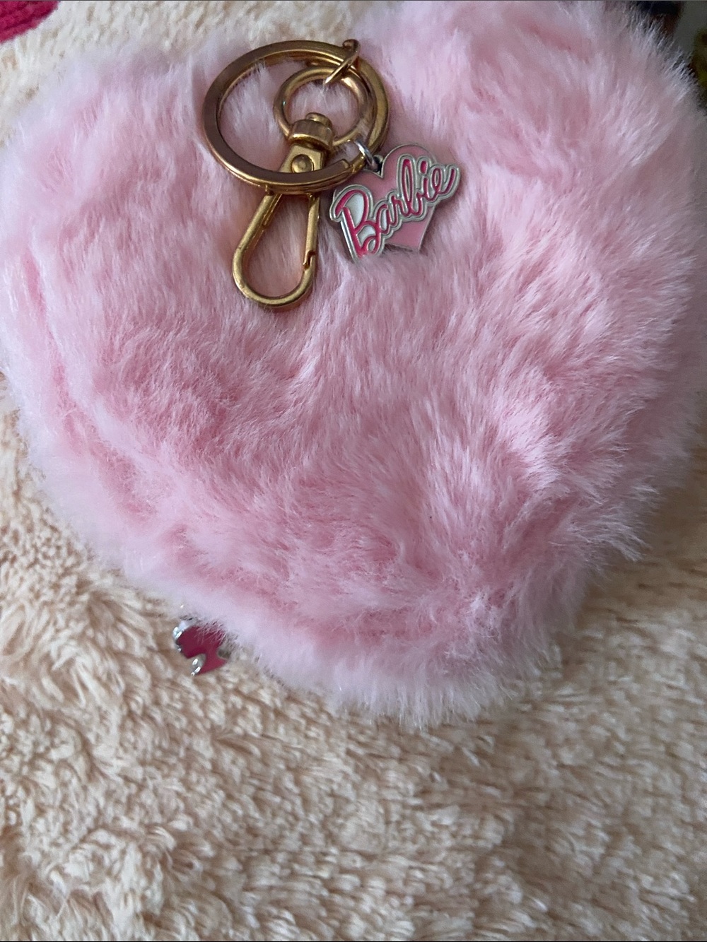 Barbie Pink Fuzzy Heart Key Ring with Gold Hardware mini bag
